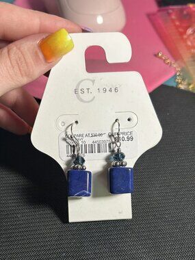 Cato Navy Blue Marbled Cube Dangle Drop Earrings NWT
